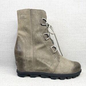 Sorel Boots Womens 8.5 Joan Of Artic Wedge II Bootie Shoe Quarry Leather Lace Up
